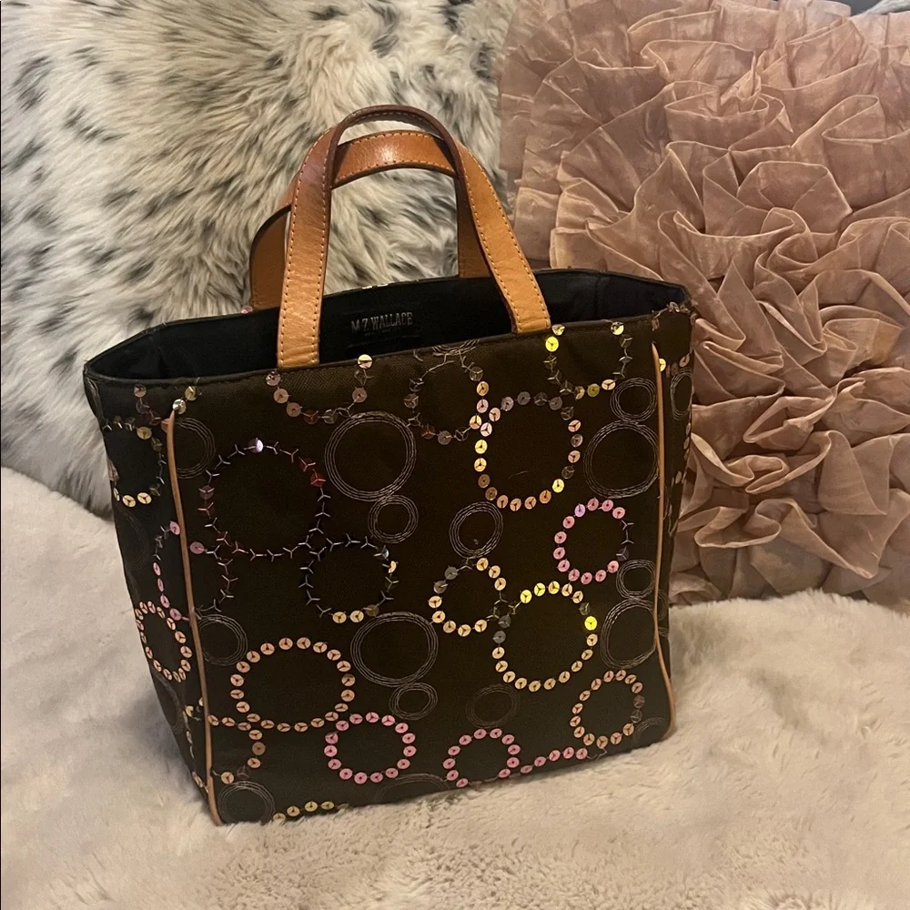 MZ Wallace Brown Neutral Embroidered Sequin Circles Leather Handles Canvas Tote